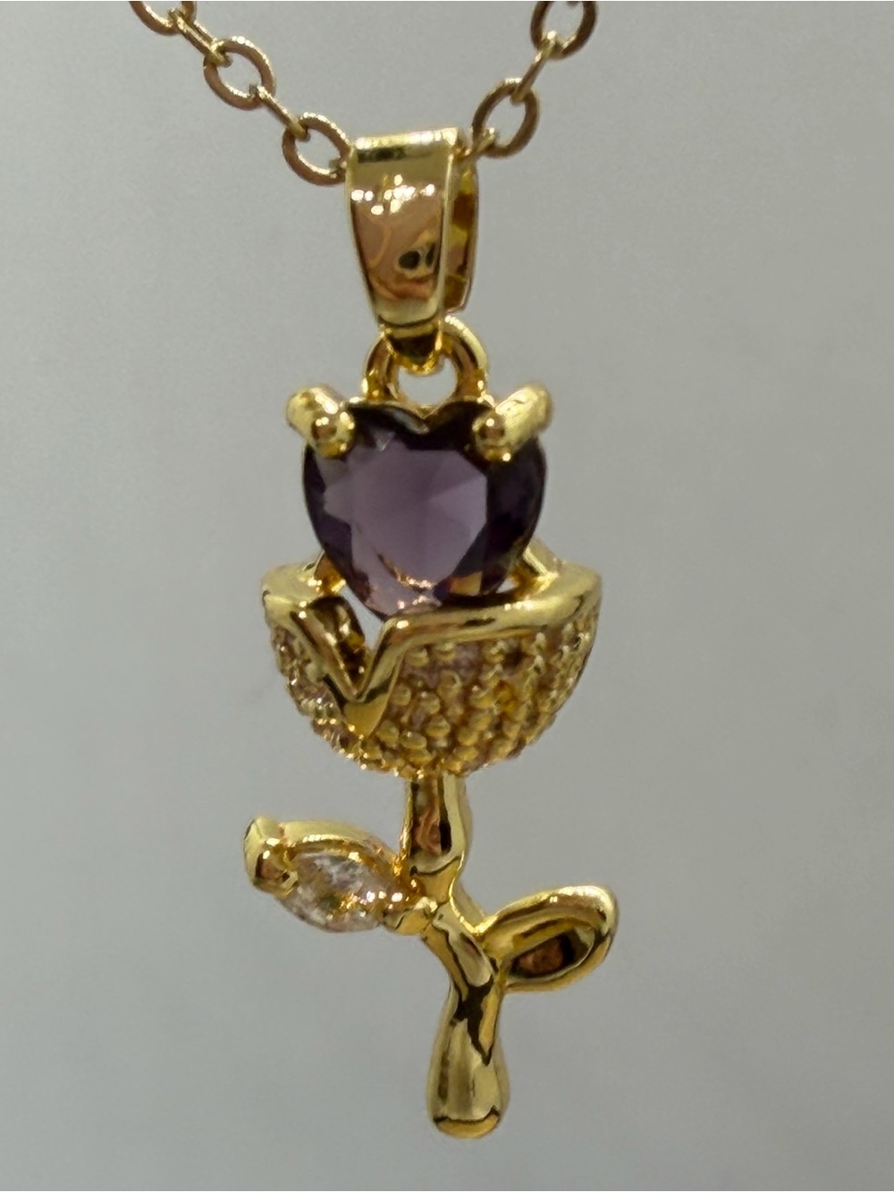 Gold-Tone Amethyst Heart Flower Pendant Necklace - Women Jewelry